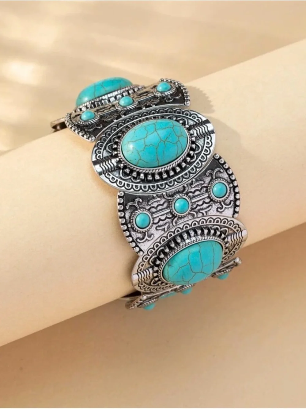Turquoise Stone Silver-Tone Statement Bracelet - Women Jewelry